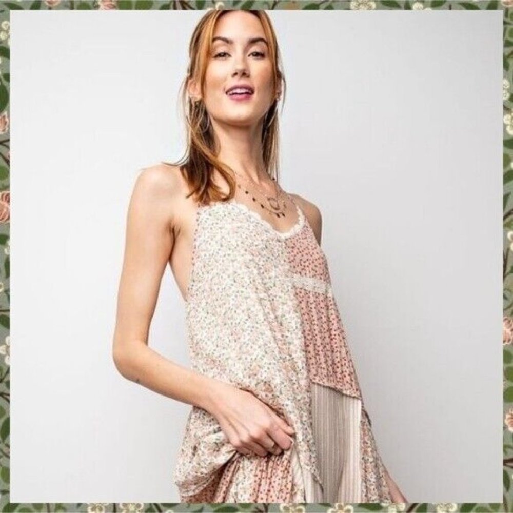 EASEL Mixed Print Adjustable Cross Straps Maxi Dress Lace Edges Relaxed & Flowy - Picture 15 of 15